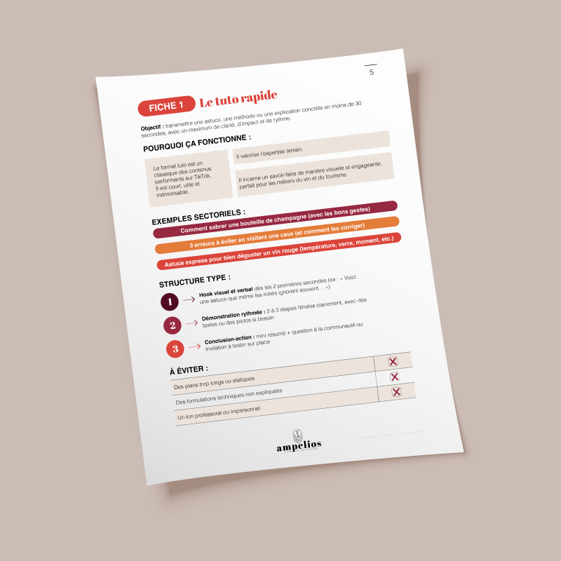 Guide Ampelios présentant 3 formats TikTok performants pour les professionnels du vin, du champagne et du tourisme
